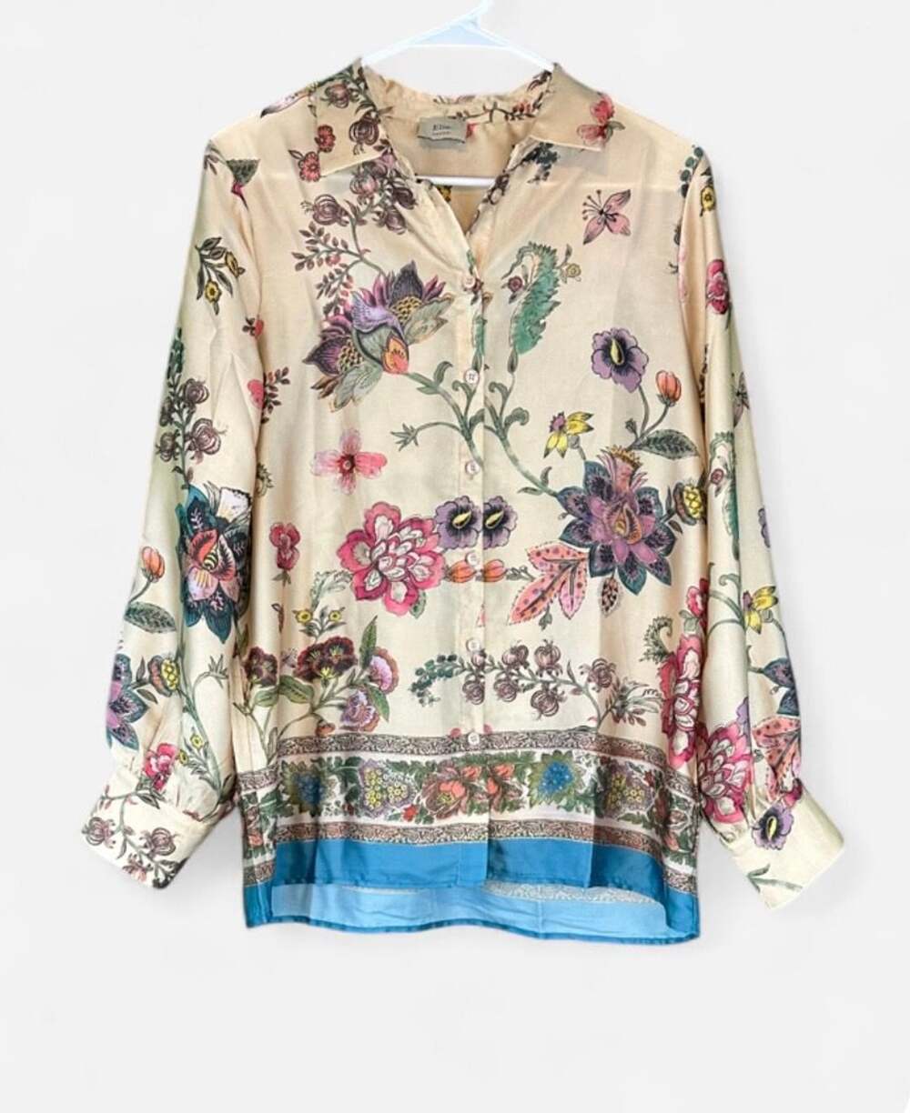 Elie Tahari Floral Silk Button Down Blouse Shirt